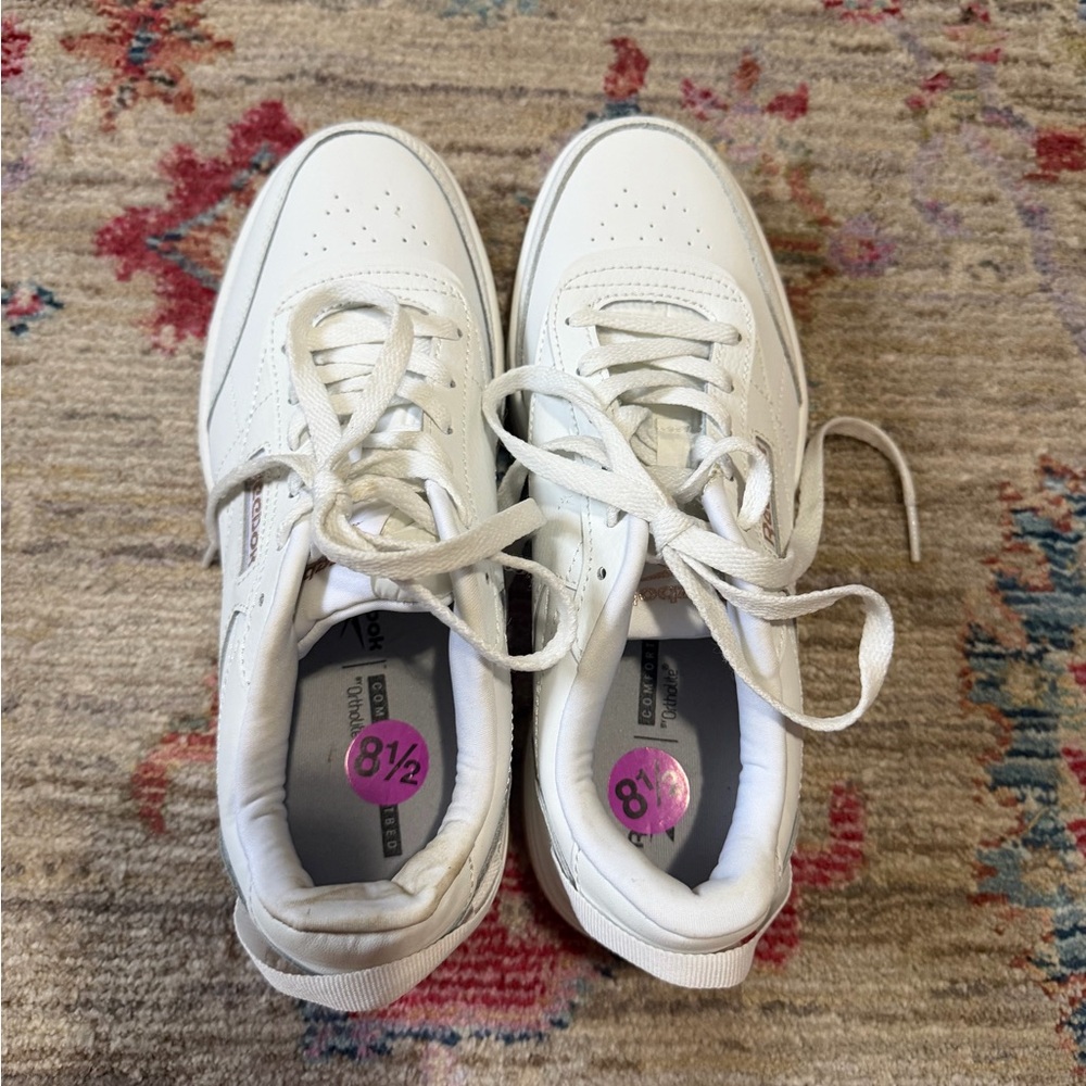Reebok White Leather Sneakers with Pink Size Stickers